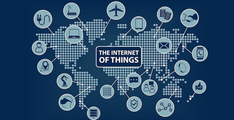 Internet of things (IoT) world map with connected devices